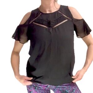 Black Sheer Flutter Flow Sleeve Heartloom Blouse Shirt Lightweight Women's SM